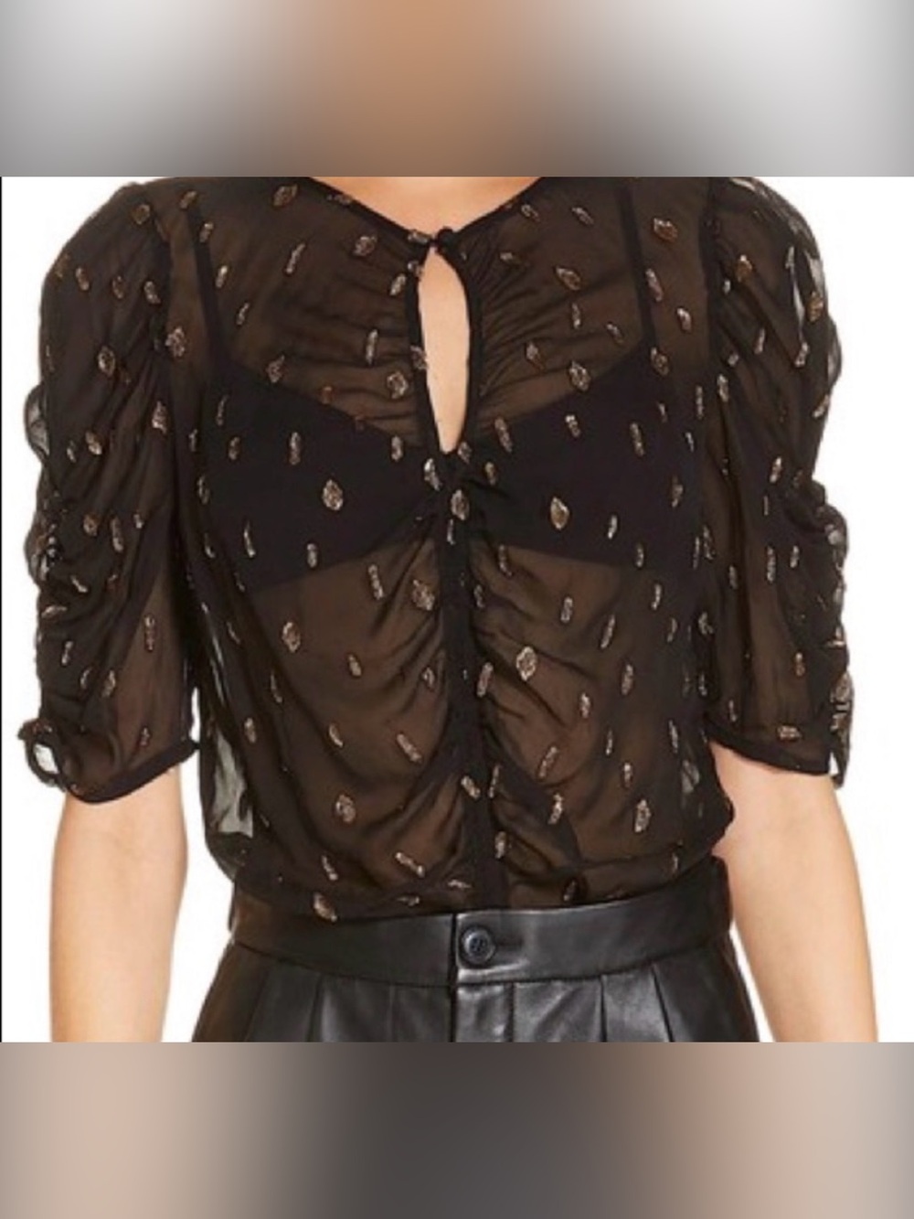 FRAME Sheer Black Shirred Metallic Jacquard Keyhole Top Size Small